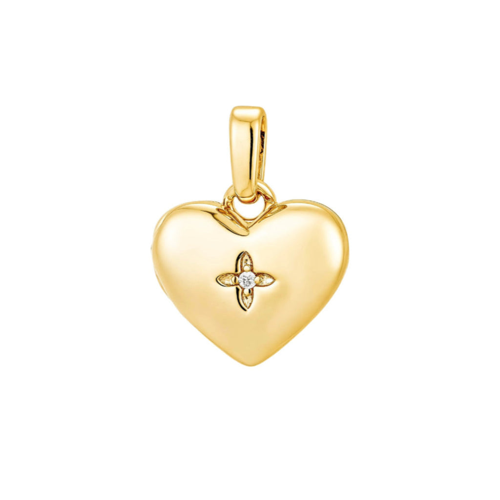 Gold heart-shaped pendant with a central design on a white background